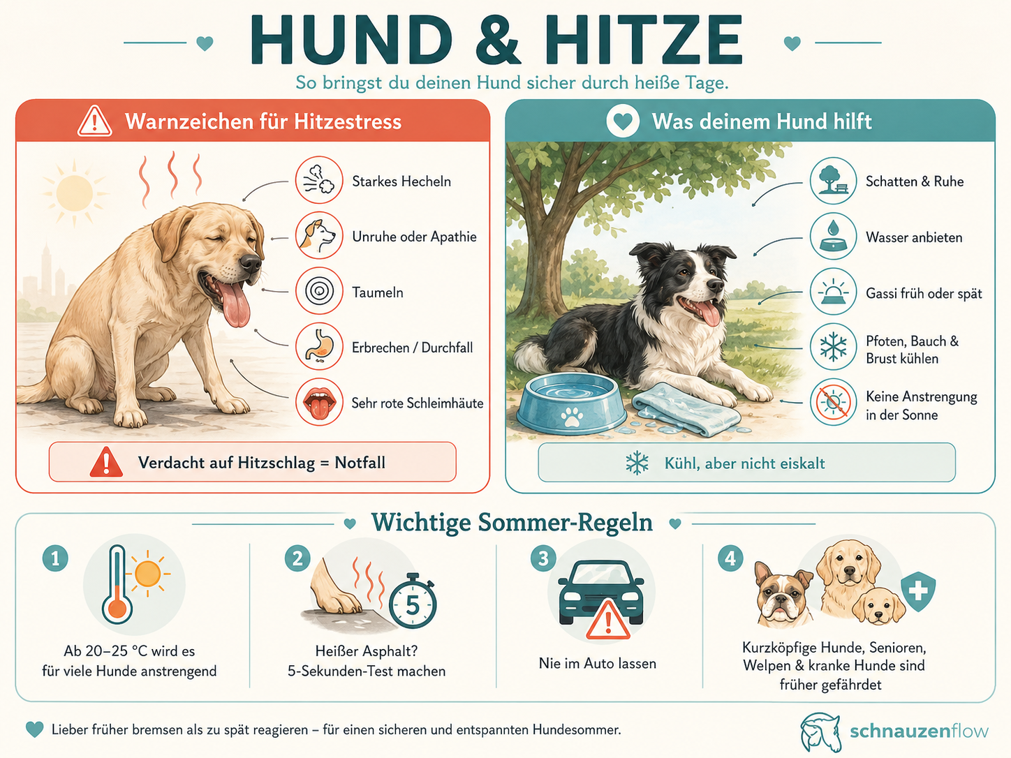 Infografik zu Hund und Hitze mit Warnzeichen für Hitzestress, Abkühlung, heißem Asphalt und Sommer-Sicherheitstipps
