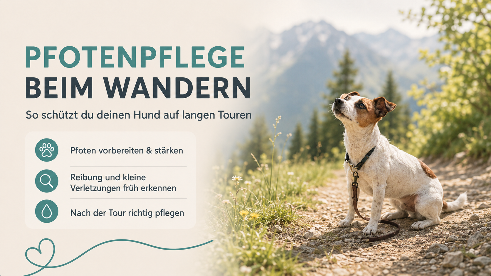Kleiner Hund auf einem Wanderweg in den Bergen – Pfotenpflege beim Wandern