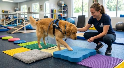 Hund trainiert Propriozeption auf verschiedenen Untergründen nach einer Kreuzband-Operation